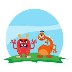 funny monsters couple in the field characters colorful