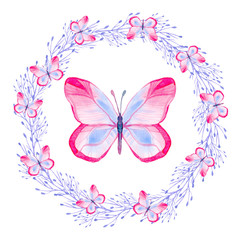 Cartoon watercolor illustration. Template for postcard, poster, invitation. Cute hand-drawn blue, pink butterfly in a wreath isolated on a white background.