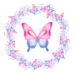 Cartoon watercolor illustration. Template for postcard, poster, invitation. Cute hand-drawn blue, pink butterfly in a wreath isolated on a white background.