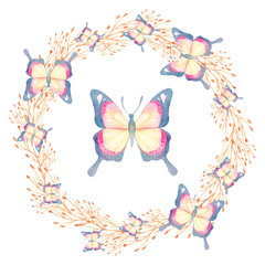 Cartoon watercolor illustration. Template for postcard, poster, invitation. Cute hand-drawn yellow pink butterfly in a wreath isolated on a white background.