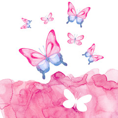 Cartoon watercolor illustration. Template for postcard, poster, invitation. Cute hand-drawn pink butterfly on watercolor spots.