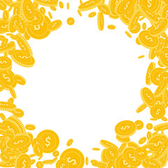 American dollar coins falling. Scattered floating 