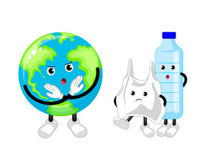 Cartoon globe character say no to plastic product. Global warming concept. Vector illustration isolated on white background.