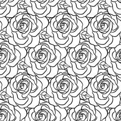 Roses seamless pattern. Black and white, outline style. Illustration. Happy Valentine's day.