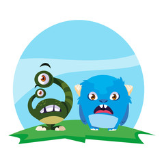 funny monsters couple in the field characters colorful