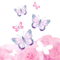 Cartoon watercolor illustration. Template for postcard, poster, invitation. Cute hand-drawn pink butterfly on watercolor spots.