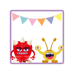 square frame with funny monsters and garlands hanging