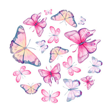 Cartoon watercolor illustration. Template for postcard, poster, invitation. Cute hand-drawn purple, yellow, pink butterflies in a circle isolated on a white background.