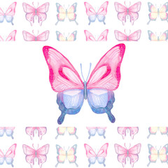 Cartoon watercolor illustration. Template for postcard, poster, invitation. Cute hand-drawn blue-pink butterfly.