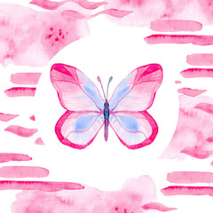 Cartoon watercolor illustration. Template for postcard, poster, invitation. Cute hand-drawn blue-pink butterfly.