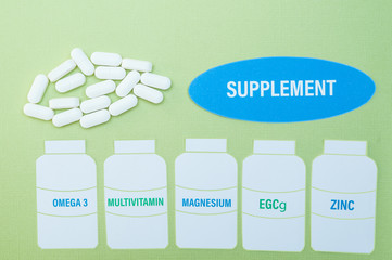 Supplements   in a bottle on green background , healthy product  concept close up,  flat lay