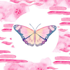 Cartoon watercolor illustration. Template for postcard, poster, invitation. Cute hand-drawn yellow-pink butterfly isolated on white background.