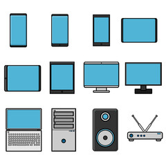 Vector illustration set of flat icon of simple modern digital smartphones computers computers monitors modems on a white background. Concept: computer digital technologies