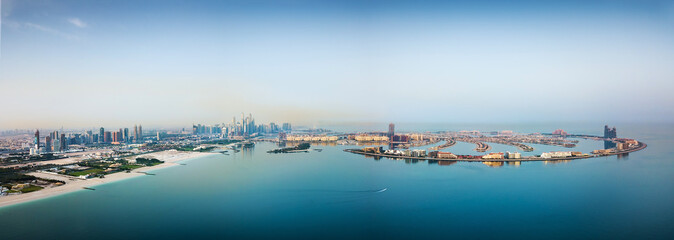 Aerial panoramic view of Dubai marina area and the Palm island