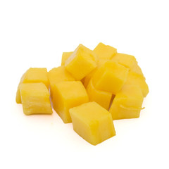 mango slice cut to cubes isolated on white