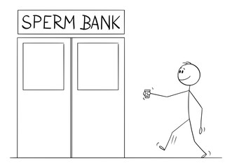 Vector cartoon stick figure drawing conceptual illustration of man walking in sperm bank with cup of sperm to test it or sell it.