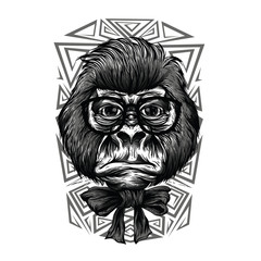 Nerd Monkey Black and White Illustration