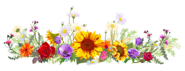 Horizontal autumn’s border: sunflowers, blue anemones, thistles, gerbera, daisy flowers, small green twigs on white background. Digital draw, illustration in watercolor style, panoramic view, vector