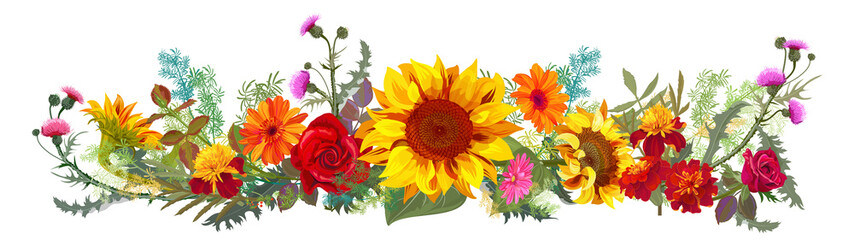 Fototapeta na wymiar Horizontal autumn’s border: orange sunflowers, red roses, thistle, marigold (tagetes), gerbera daisy flowers, green twigs on white background. Illustration in watercolor style, panoramic view, vector