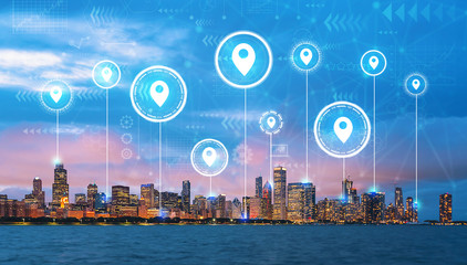 Map pins with downtown Chicago cityscape skyline with Lake Michigan