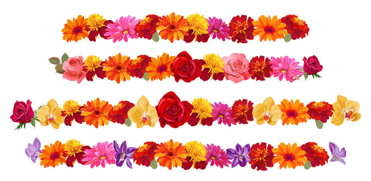 Panoramic view: roses, gerberas, daisies, marigold (tagetes), orchids. Horizontal border, garland flowers for Indian religion festive decoration. Botanical illustration, watercolor style, vector