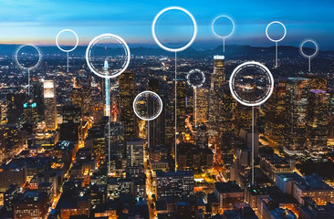 Technology digital circle with downtown Los Angeles at night