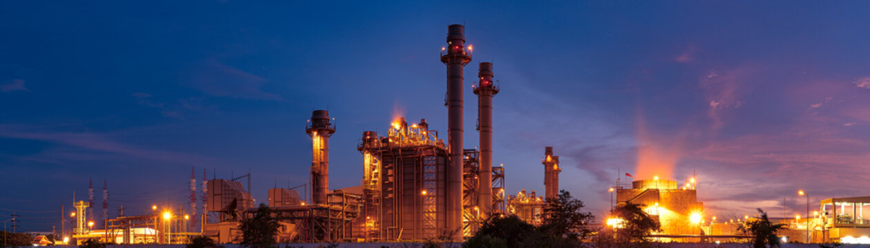 Panoramic images of power plants during the night.