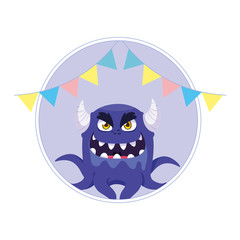 funny monster with horns and party garlands