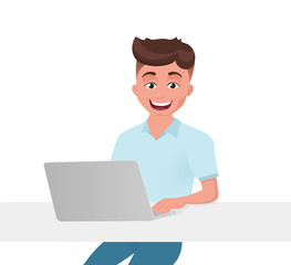 Man, boy uses laptop to search for information on the Internet and communicate. Male character isolated on white background.