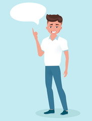 Man, boy has an idea. Male character with speech bubble isolated on blue background.