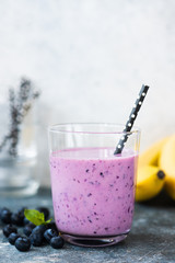 Blueberry Smoothie In Glass With Drinking Straw. Healthy Vegetarian Vegan Food