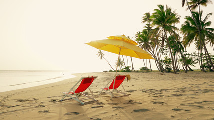 Carefree rest on the sea tropical beach. Sea waves on the golden sand of a palm beach. Beach...