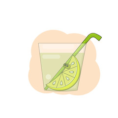 illustration in cartoon style of a lemon slice with bulging eyes lies in a glass with juice and a green straw on the background of a beige figure