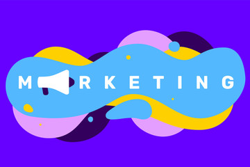Vector creative illustration of business marketing word typography with megaphone icon on color background with abstract shape.
