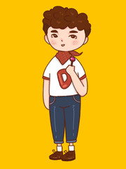 cute curly hair boy hoding lolipop