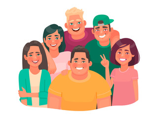 Happy friends. A group of guys and girls hugging together. The concept of friendship. Portrait of smiling young people. Students