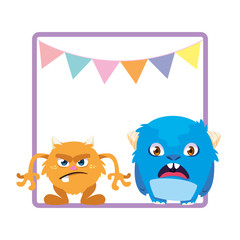 square frame with funny monsters and garlands hanging