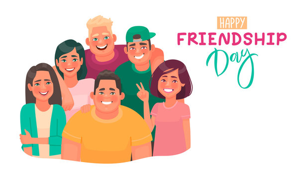 Happy Friendship Day web banner with inscription. Friends embracing together