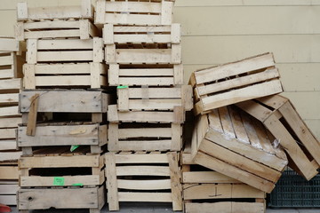 Empty wooden boxes. Zarechny market. Chelyabinsk. Photo June 13, 2019.
