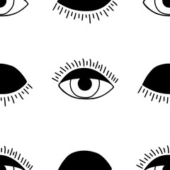 Vector hand drawn seamless pattern with open and winking eyes.