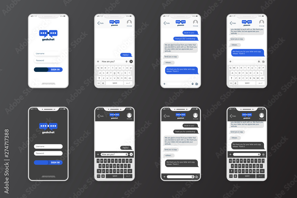 Wall mural mobile application with white and black chat interface to communicate on a realistic mockup phone. m