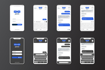 Mobile application with white and black chat interface to communicate on a realistic mockup phone. Mobile ui design vector concept