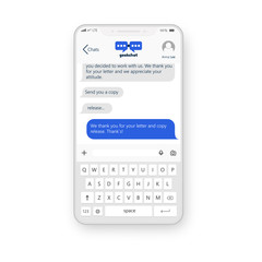 Mobile ui design application with white chat interface to communicate on a realistic mockup phone. Vector illustration concept