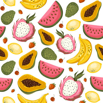 Hand drawn vector cartoon summer fruits. Seamless pattern background with papaya, banana, mango, lime, avocado, strawberry, cherry. Vector EPS10