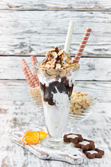 Ice cream with coffee and chocolate. Dessert. Top view.