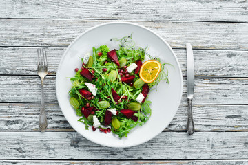 Salad. Arugula, blue cheese and beet salad. Top view.