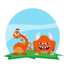 funny monsters couple in the field characters colorful