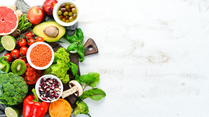 Healthy Organic Food. Fresh fruits and vegetables. Top view. Free space for your text.