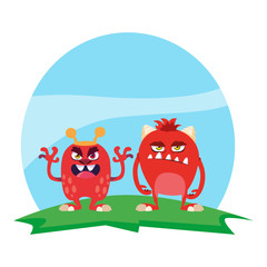 funny monsters couple in the field characters colorful