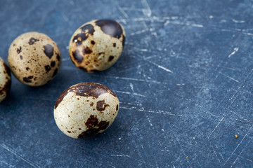 Quail eggs. Black background. Top view. Free space.